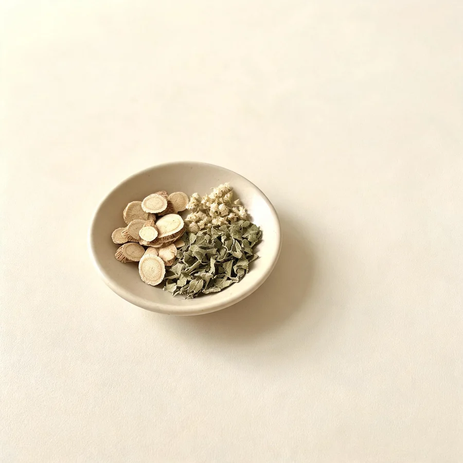 An editorial still life of the traditional Chinese herbs used for this condition, arranged on a warm off-white surface: pale root slices.