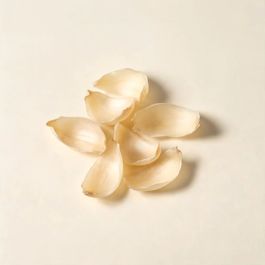 Dried Bai He bulb scales arranged in a shallow bowl