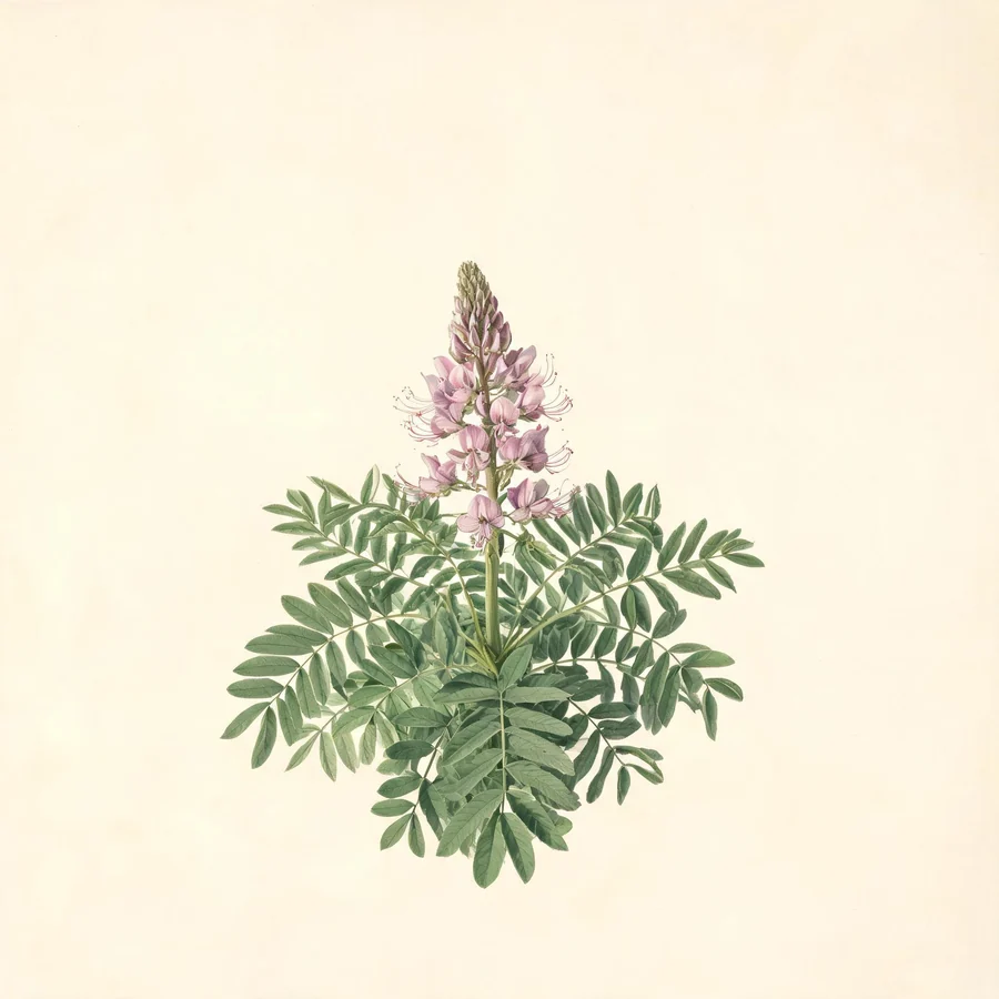 Botanical illustration of Dictamnus dasycarpus in flower, showing its leaves and flowering stem