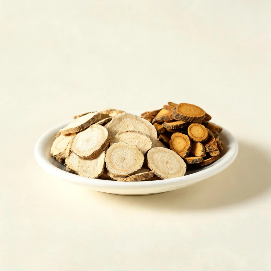 Dried Bai Zhu rhizome arranged in a shallow bowl