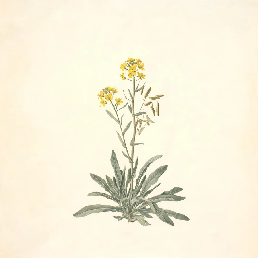Botanical illustration of Isatis indigotica in flower, showing its leaves and flowering stem