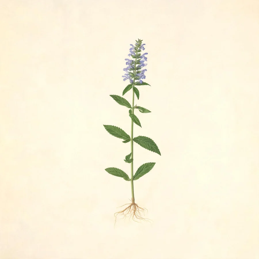 Botanical illustration of Scutellaria barbata in flower, showing its leaves and flowering stem