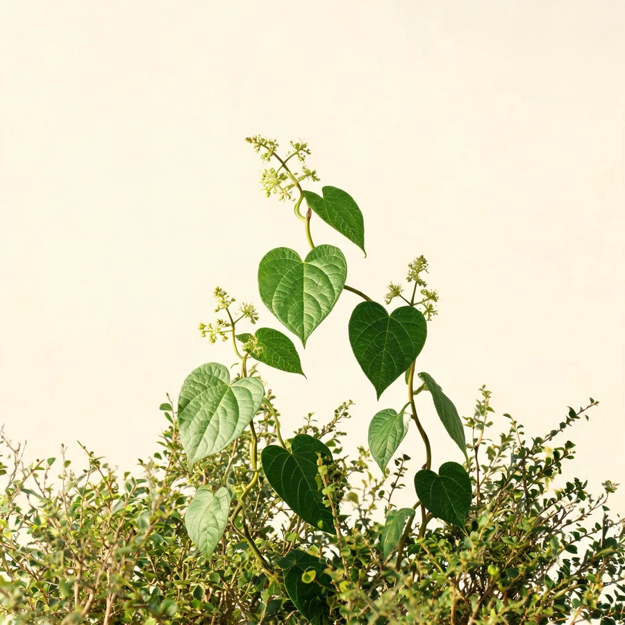 Botanical illustration of Dioscorea spongiosa in flower, showing its leaves and flowering stem