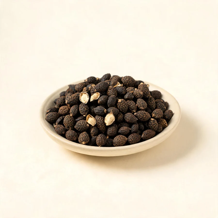 Dried Bu Gu Zhi fruit arranged in a shallow bowl