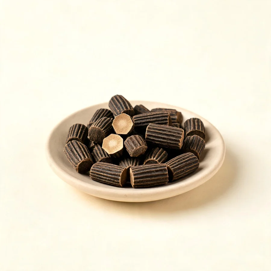 Dried Can Sha dried faeces arranged in a shallow bowl