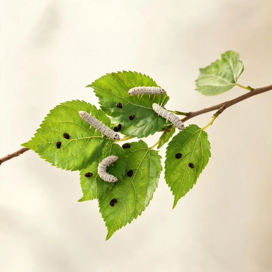 Botanical illustration of Bombyx mori in flower, showing its leaves and flowering stem