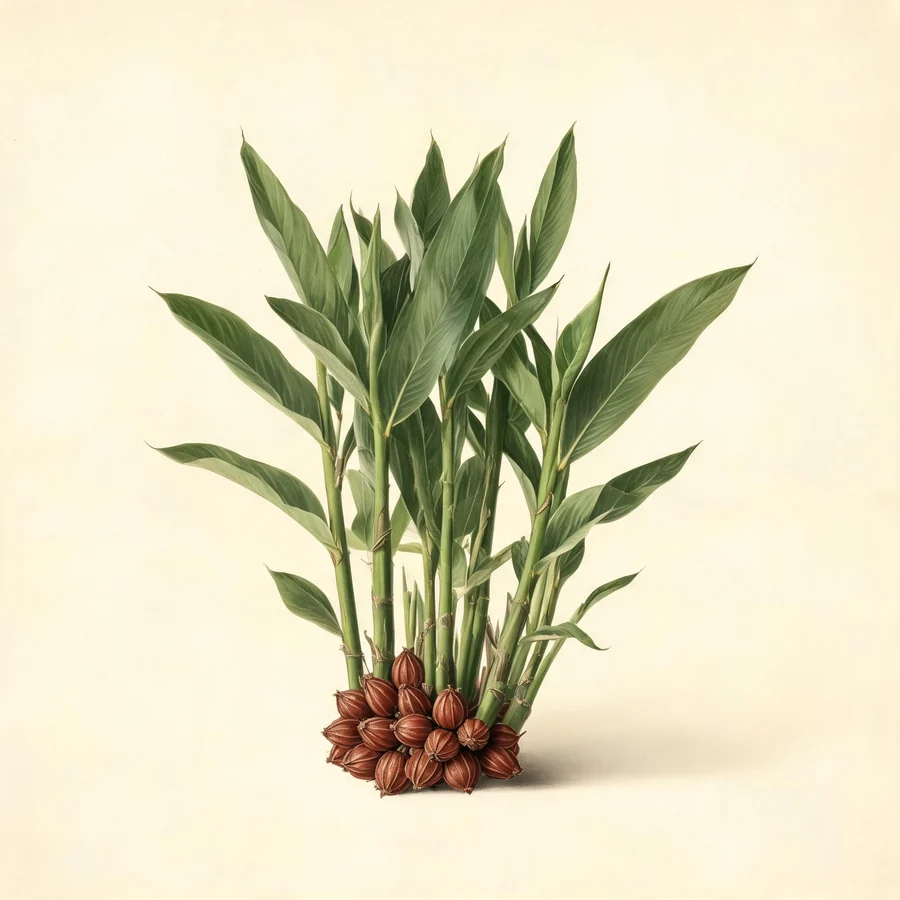 Botanical illustration of Lanxangia tsao-ko in flower, showing its leaves and flowering stem