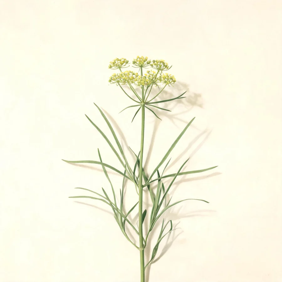 Botanical illustration of Bupleurum chinense in flower, showing its leaves and flowering stem
