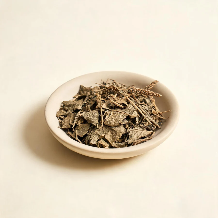 Dried Che Qian Cao whole plant arranged in a shallow bowl