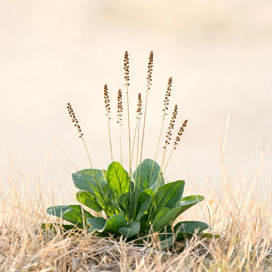 Botanical illustration of Plantago asiatica in flower, showing its leaves and flowering stem