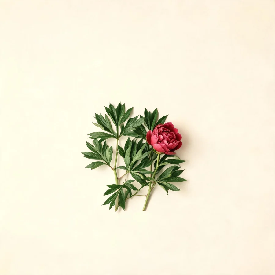 Botanical illustration of Paeonia lactiflora in flower, showing its leaves and flowering stem