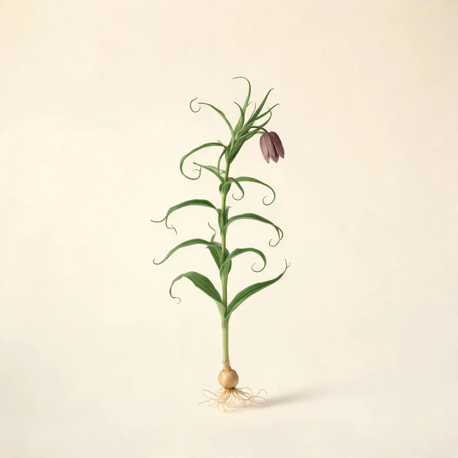 Botanical illustration of Fritillaria cirrhosa in flower, showing its leaves and flowering stem
