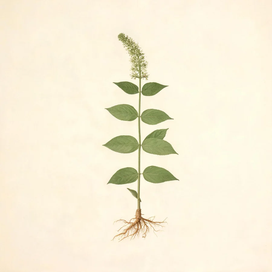 Botanical illustration of Cyathula officinalis in flower, showing its leaves and flowering stem