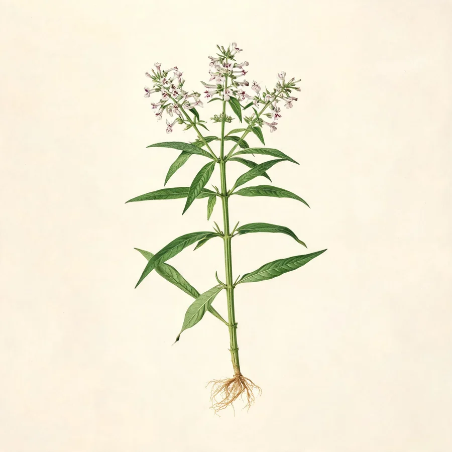 Botanical illustration of Andrographis paniculata in flower, showing its leaves and flowering stem