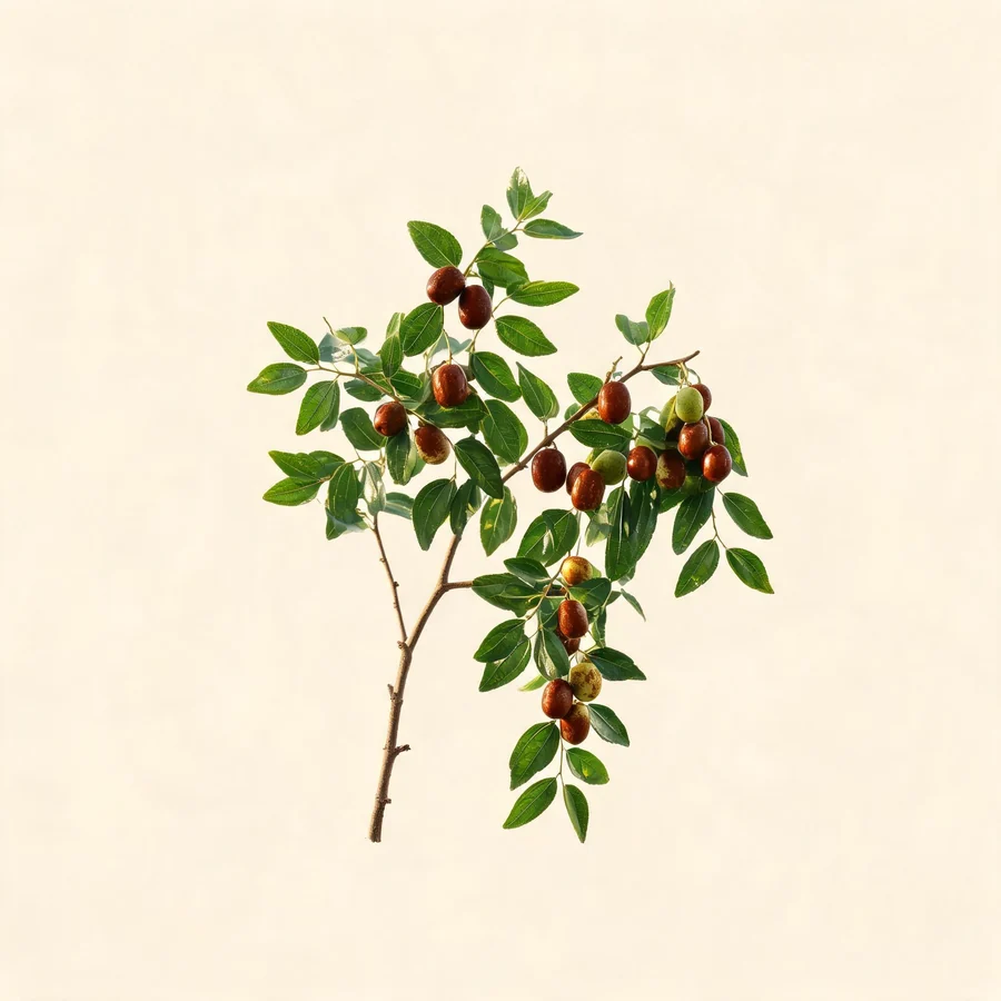Botanical illustration of Ziziphus jujuba in flower, showing its leaves and flowering stem