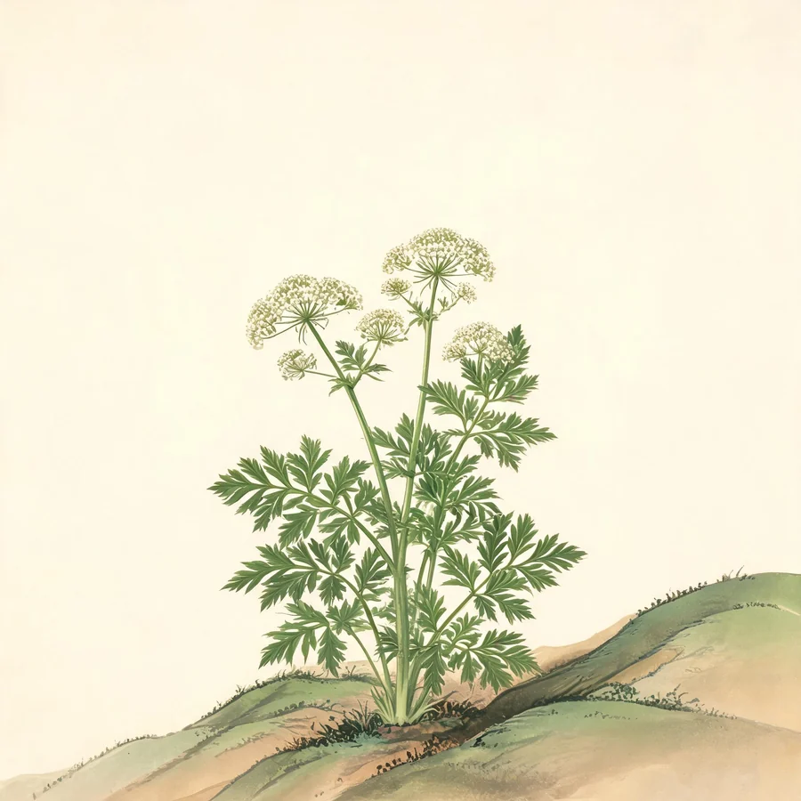 Botanical illustration of Angelica sinensis in flower, showing its leaves and flowering stem