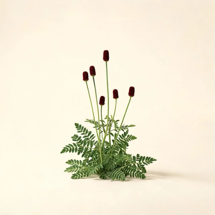 Botanical illustration of Sanguisorba officinalis in flower, showing its leaves and flowering stem
