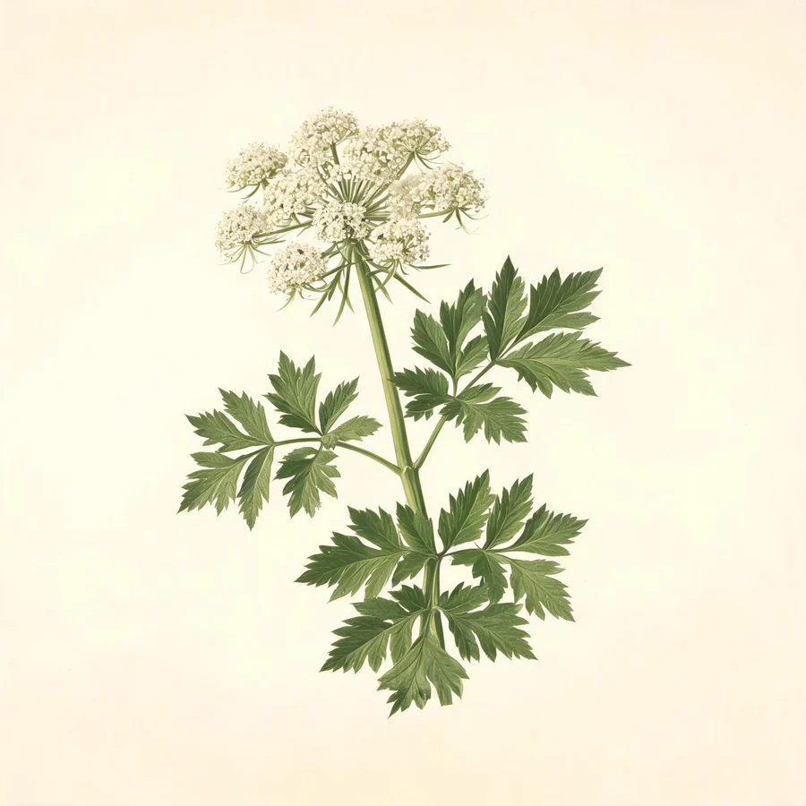 Botanical illustration of Angelica pubescens in flower, showing its leaves and flowering stem