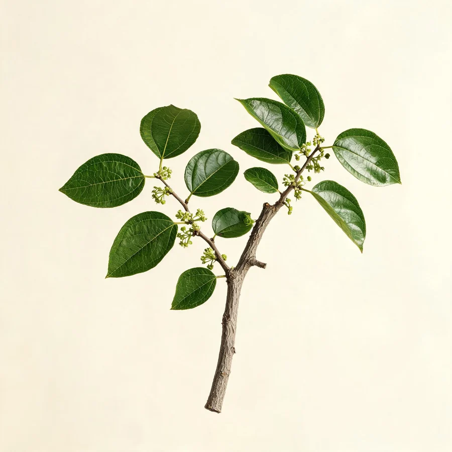Botanical illustration of Eucommia ulmoides in flower, showing its leaves and flowering stem