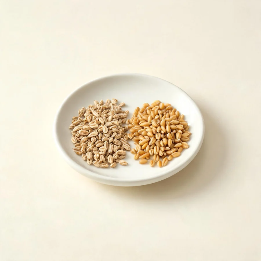 Dried Fu Xiao Mai grain arranged in a shallow bowl