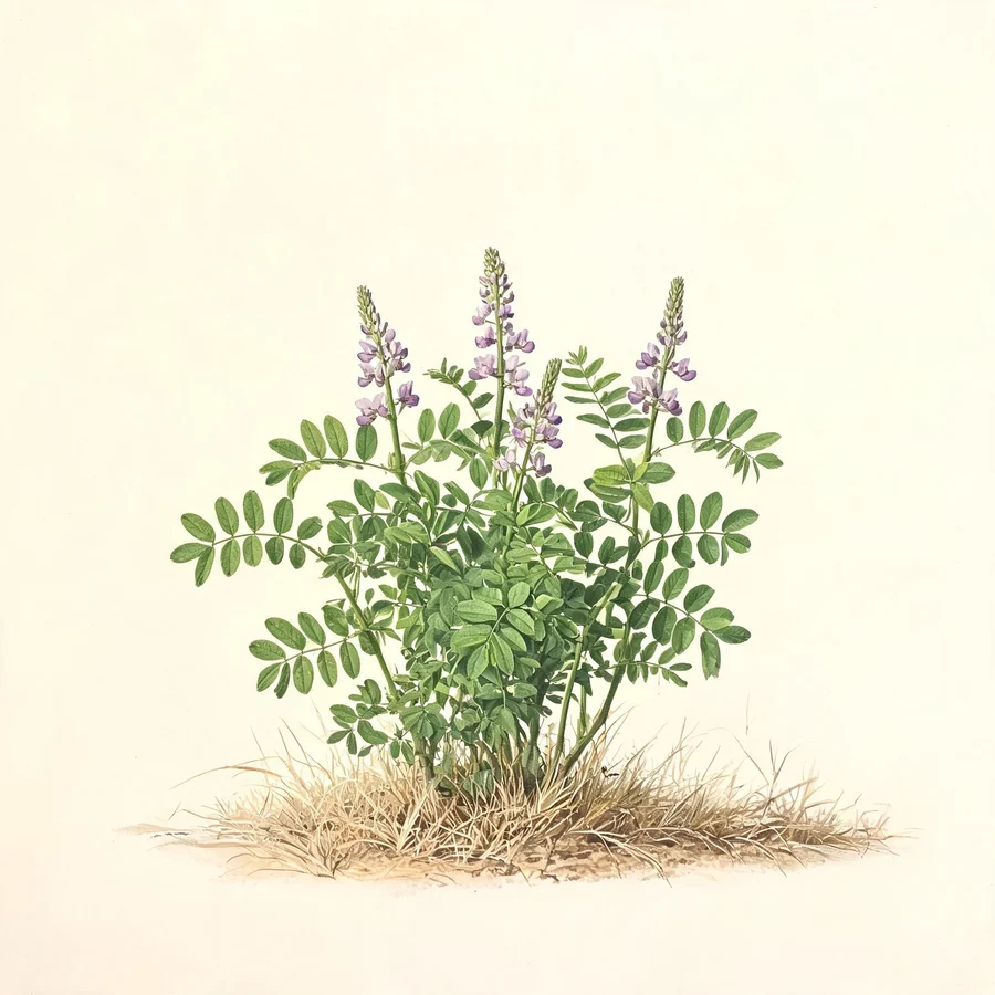 Botanical illustration of Glycyrrhiza uralensis in flower, showing its leaves and flowering stem
