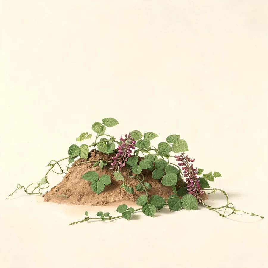 Botanical illustration of Pueraria lobata in flower, showing its leaves and flowering stem