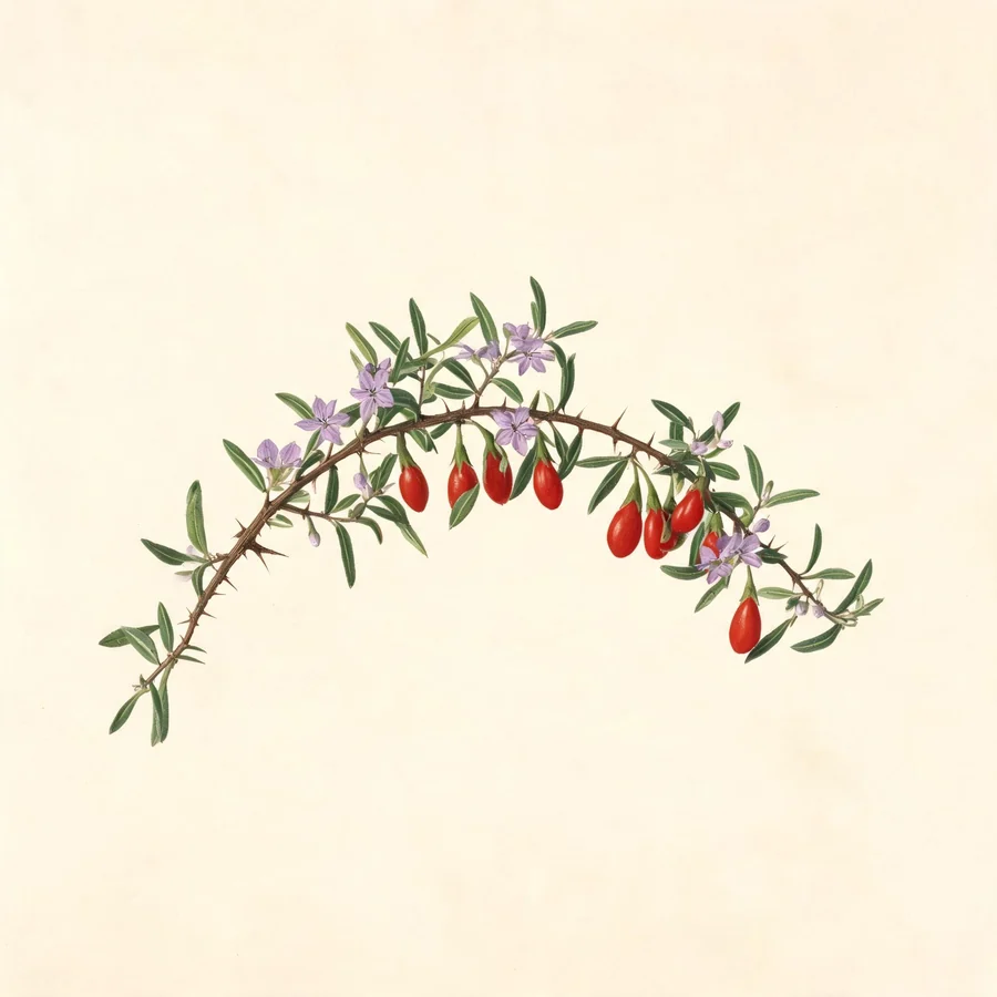 Botanical illustration of Lycium barbarum in flower, showing its leaves and flowering stem