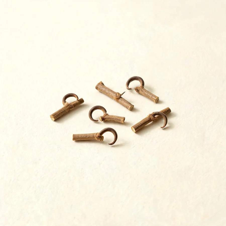 Dried Gou Teng stem and hooks arranged in a shallow bowl