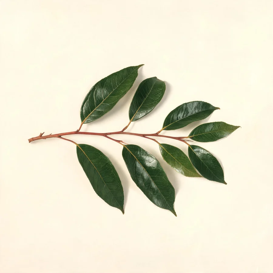 Botanical illustration of Cinnamomum cassia in flower, showing its leaves and flowering stem