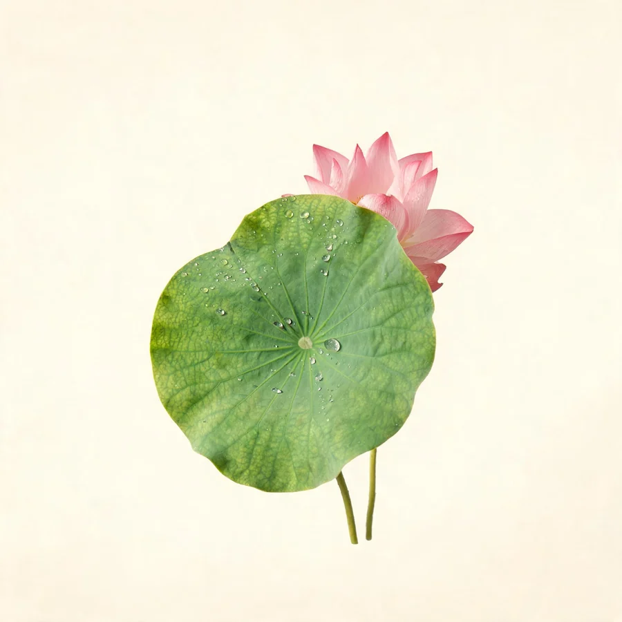 Botanical illustration of Nelumbo nucifera in flower, showing its leaves and flowering stem