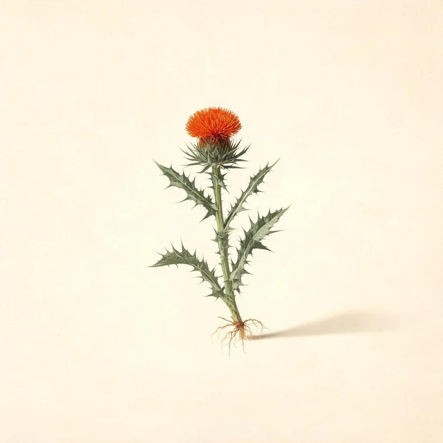 Botanical illustration of Carthamus tinctorius in flower, showing its leaves and flowering stem