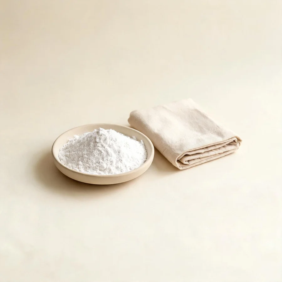 Dried Hua Shi mineral, water-levigated arranged in a shallow bowl