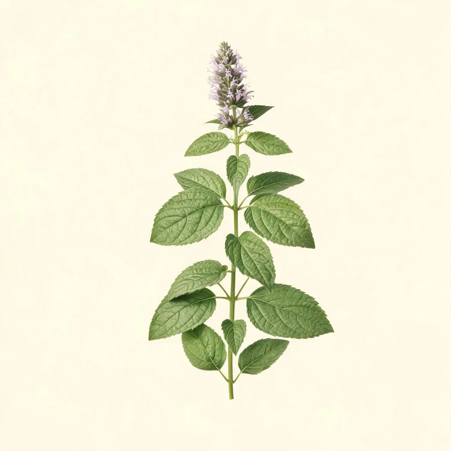 Botanical illustration of Pogostemon cablin in flower, showing its leaves and flowering stem