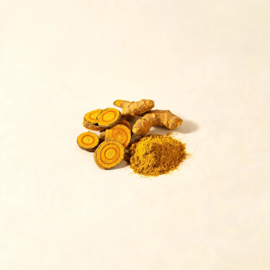 Dried Jiang Huang rhizome arranged in a shallow bowl