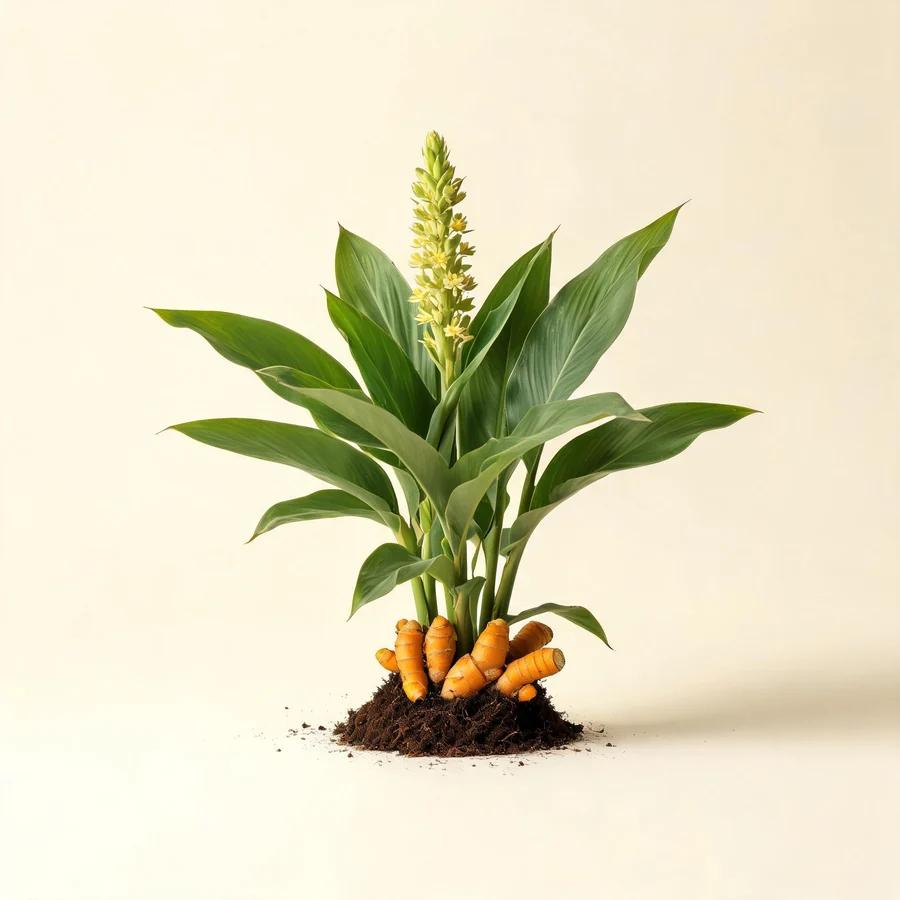 Botanical illustration of Curcuma longa in flower, showing its leaves and flowering stem