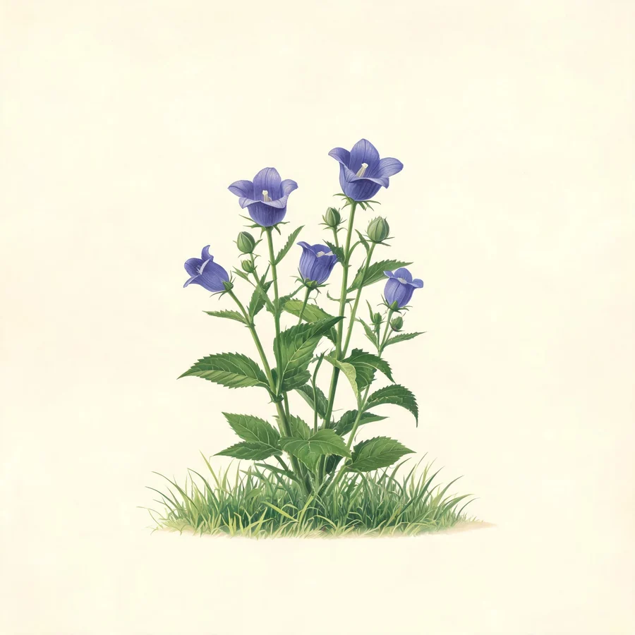 Botanical illustration of Platycodon grandiflorus in flower, showing its leaves and flowering stem