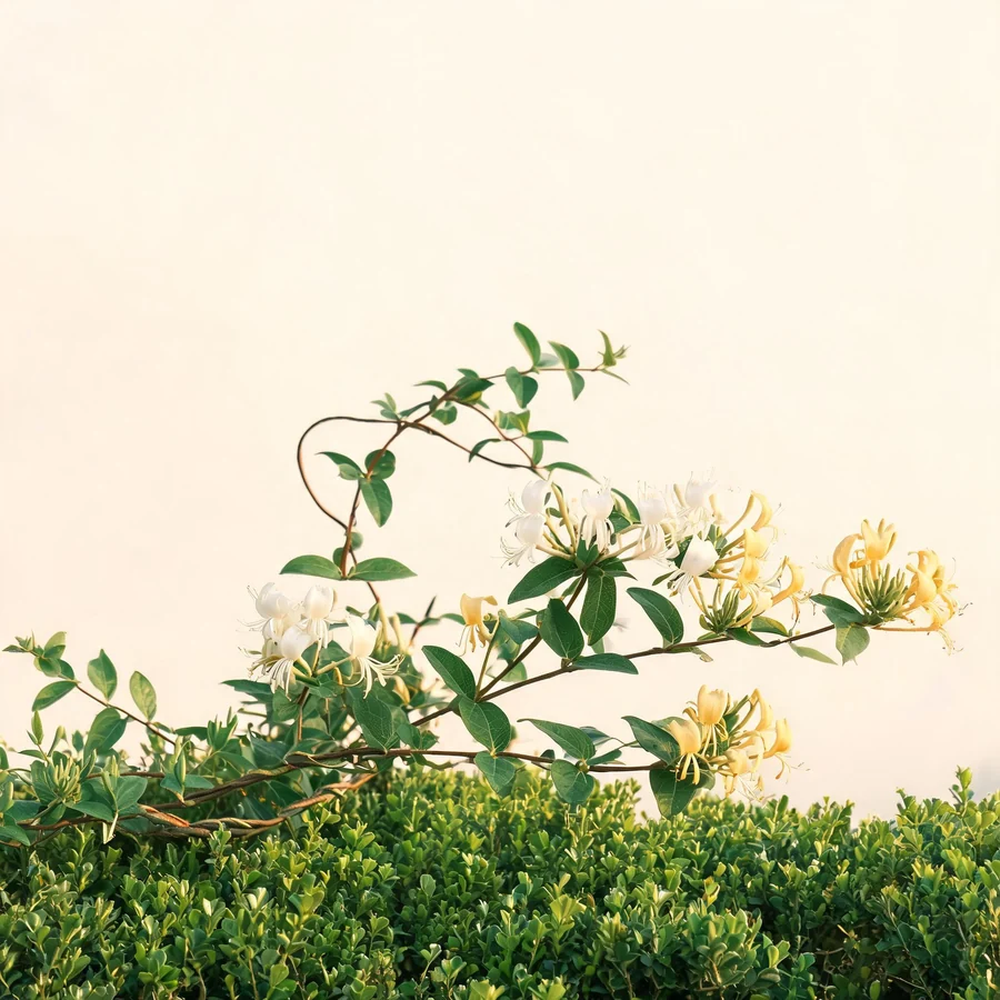 Botanical illustration of Lonicera japonica in flower, showing its leaves and flowering stem