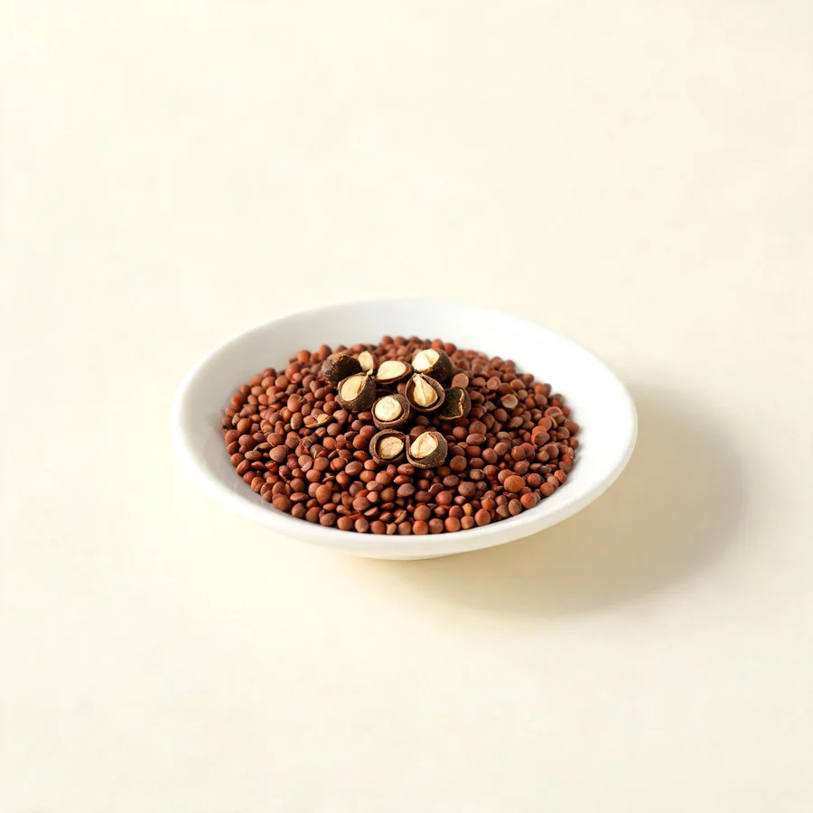 Dried Lai Fu Zi seed arranged in a shallow bowl