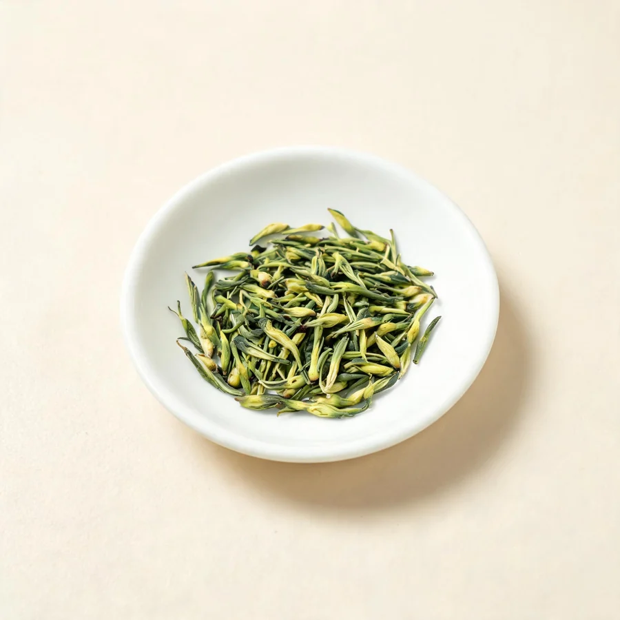 Dried Lian Zi Xin seed embryo (plumule) arranged in a shallow bowl