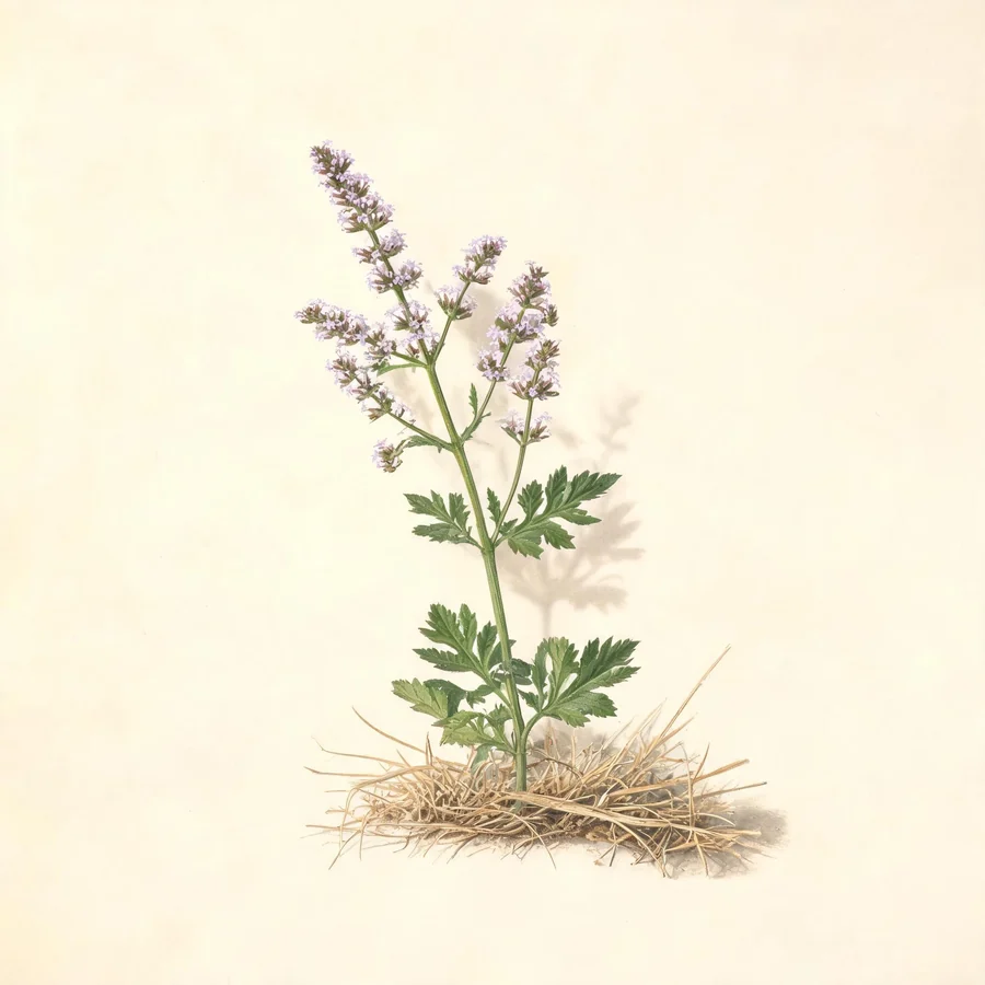 Botanical illustration of Verbena officinalis in flower, showing its leaves and flowering stem