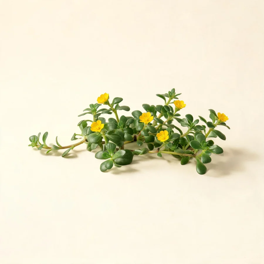Botanical illustration of Portulaca oleracea in flower, showing its leaves and flowering stem