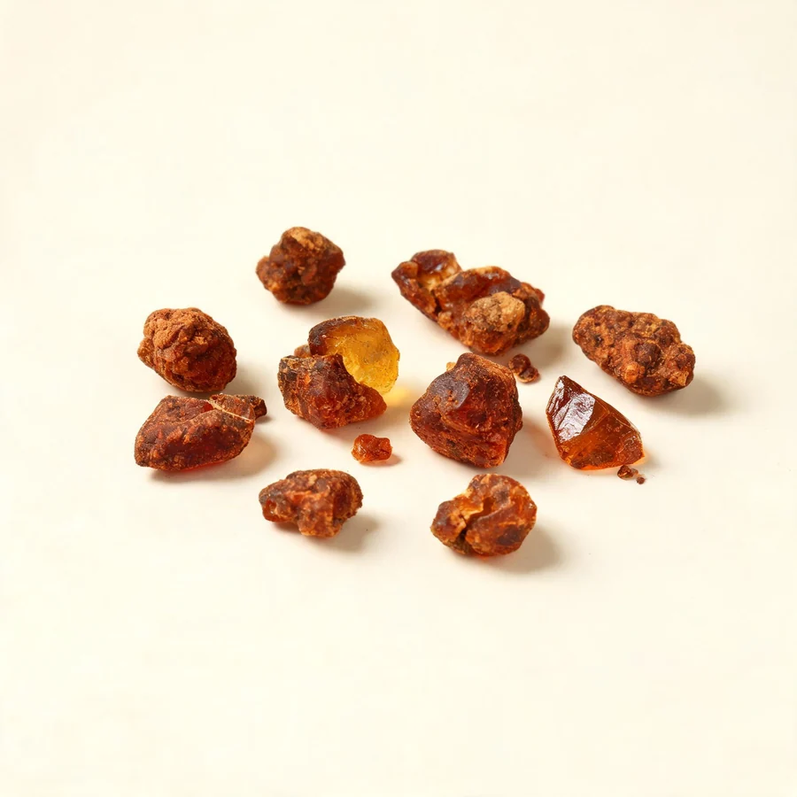 Dried Mo Yao resin arranged in a shallow bowl