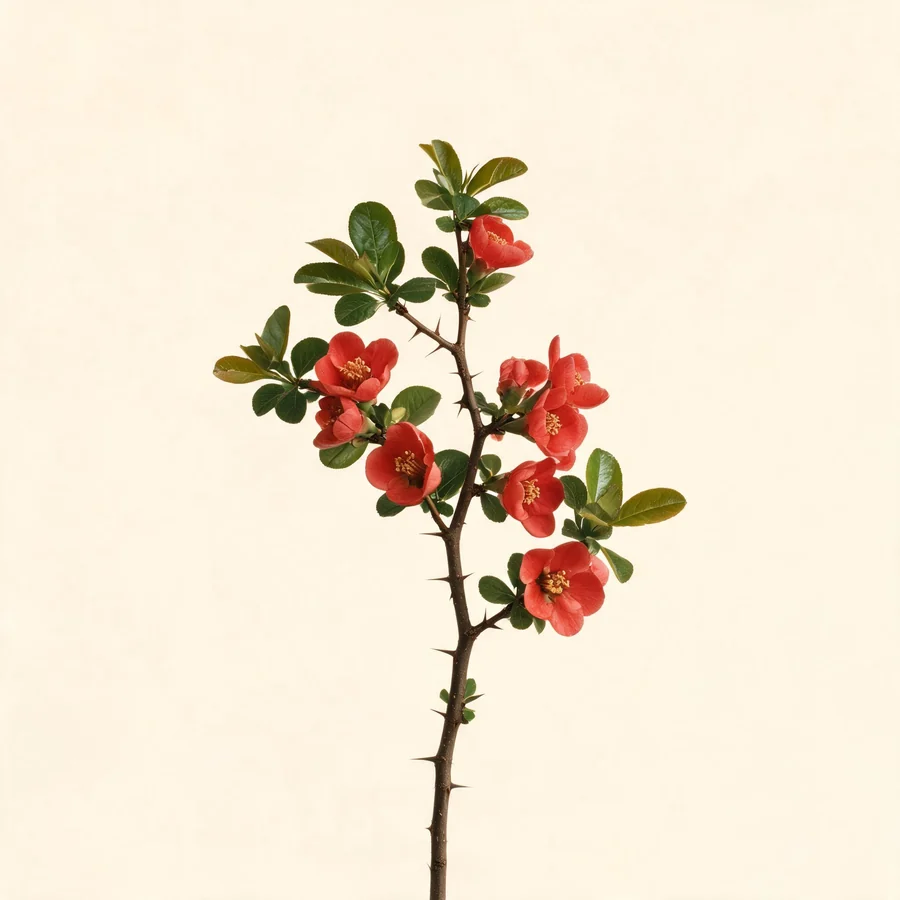 Botanical illustration of Chaenomeles speciosa in flower, showing its leaves and flowering stem