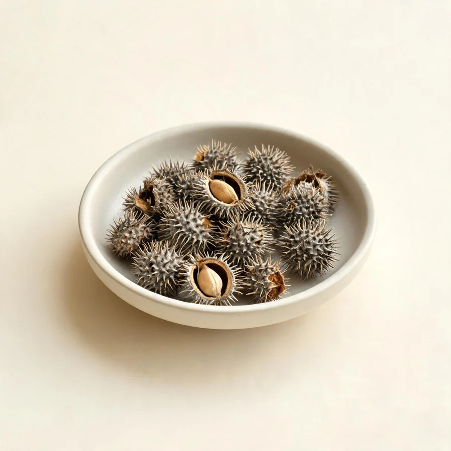 Dried Niu Bang Zi ripe fruit arranged in a shallow bowl