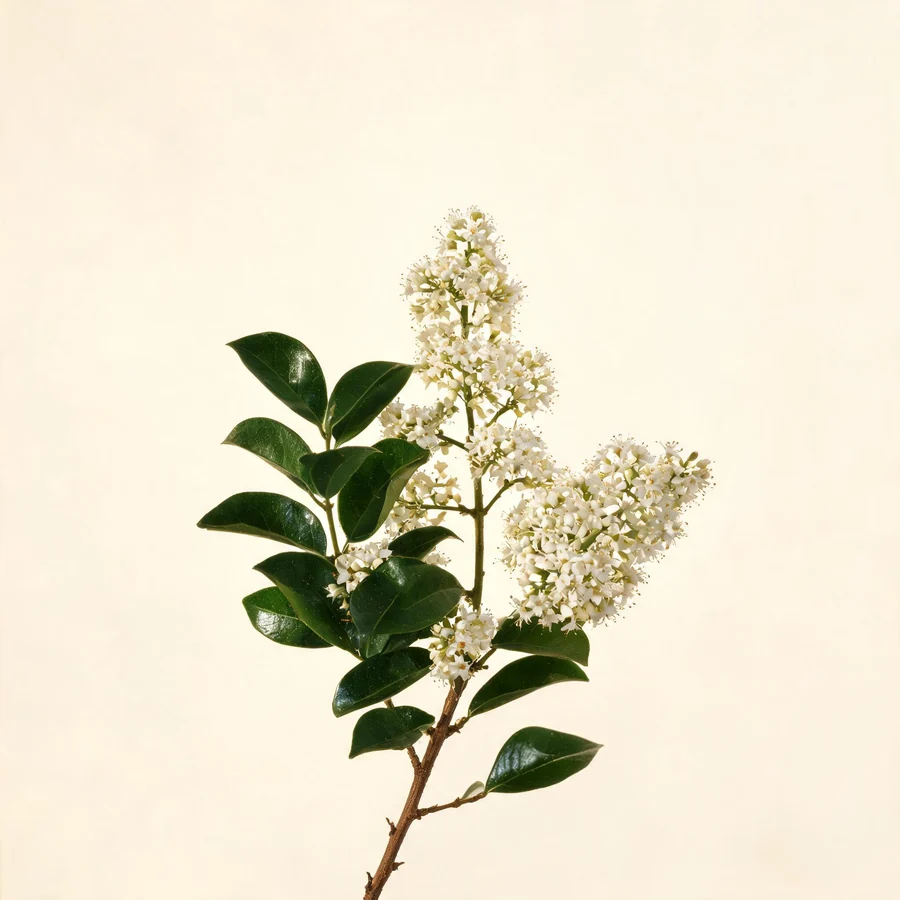 Botanical illustration of Ligustrum lucidum in flower, showing its leaves and flowering stem