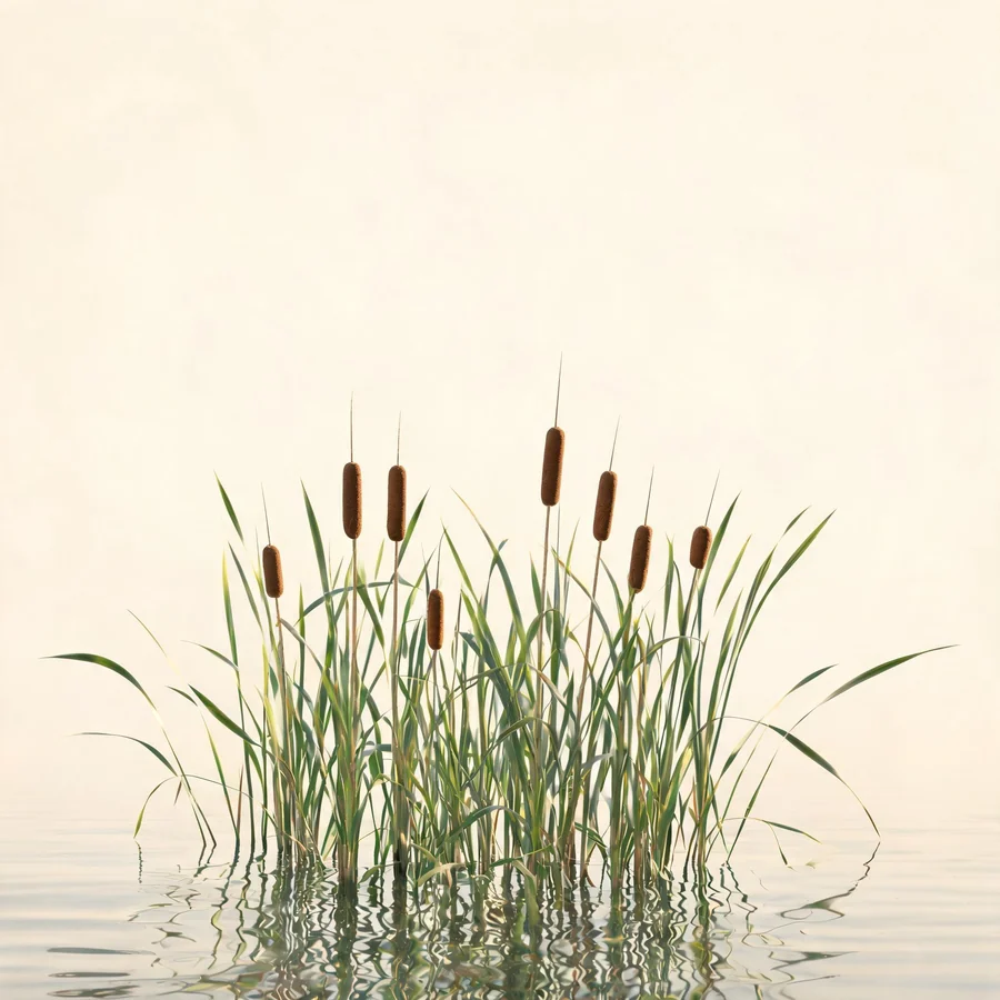 Botanical illustration of Typha angustifolia in flower, showing its leaves and flowering stem