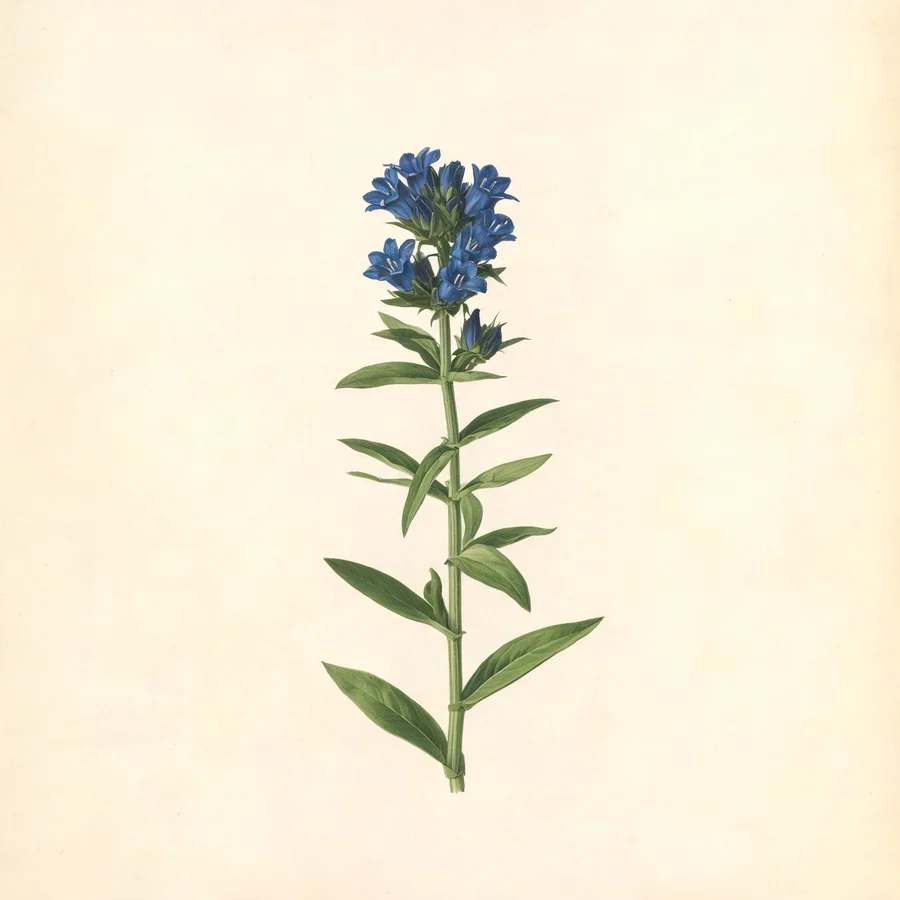 Botanical illustration of Gentiana macrophylla in flower, showing its leaves and flowering stem