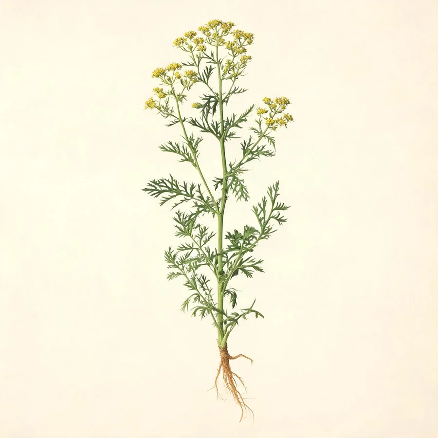 Botanical illustration of Artemisia annua in flower, showing its leaves and flowering stem