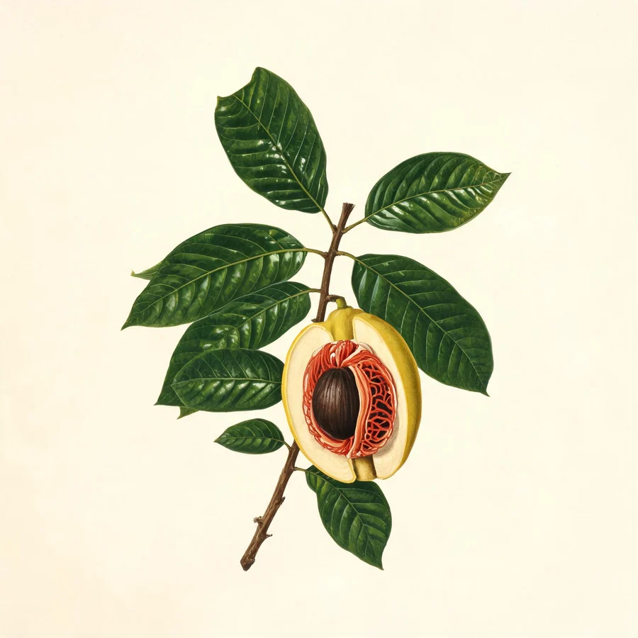 Botanical illustration of Myristica fragrans in flower, showing its leaves and flowering stem