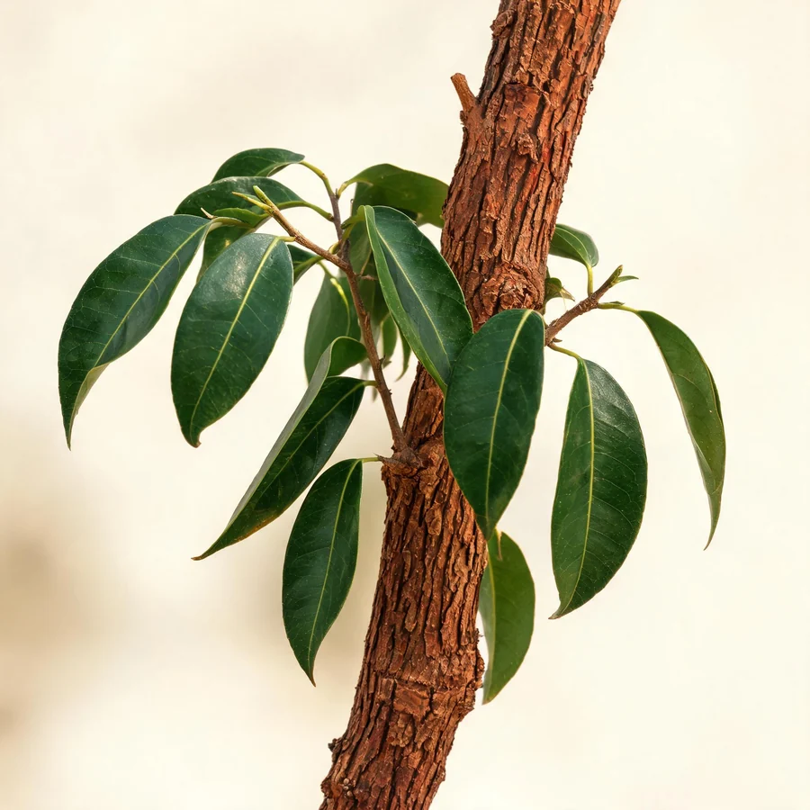 Botanical illustration of Cinnamomum cassia in flower, showing its leaves and flowering stem